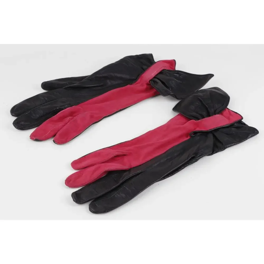 RARE Vintage Pierre Cardin Red Black Leather Suede Bow Gloves Size 7.5 France
